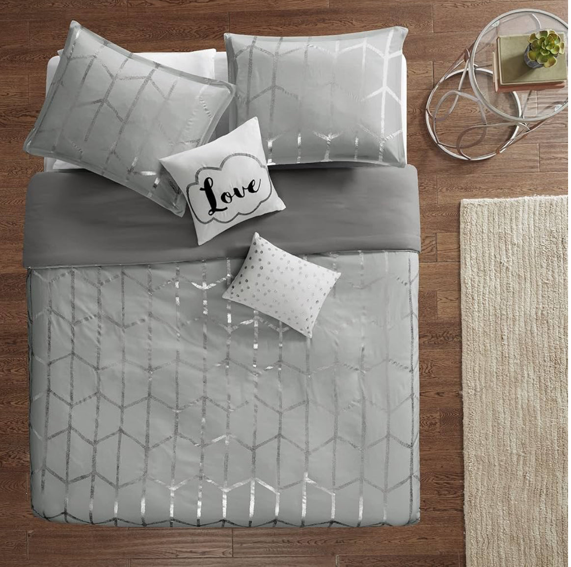 Intelligent Design Raina Geometric Style Duvet Set Full/Queen. Gris/Plateado. 5 Piezas.