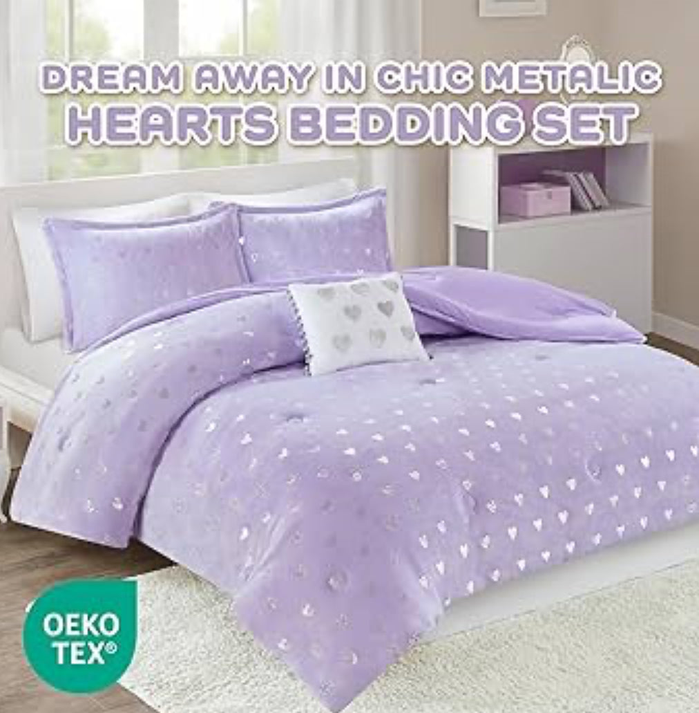 Mi Zone Rosalie Comforter, Ultra-Soft Microlight Plush Metallic Printed Hearts. Reverse Overfilled Down Alternative Hypoallergenic Full/Queen, Purple/Silver, 4 pieces - 1 comforter, 2 shams and 1 dec pillow