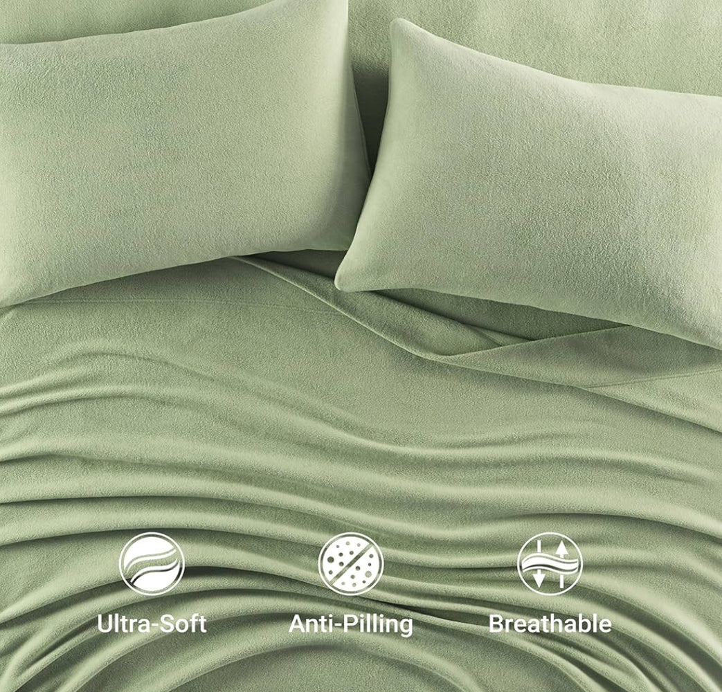 True North by Sleep Philosophy Micro Fleece Bed Sheet Set, Warm, Sheets with 14" Deep Pocket, for Cold Season Cozy Sheet-Set, Matching Pillow Case, Queen, Green, 4 Piezas