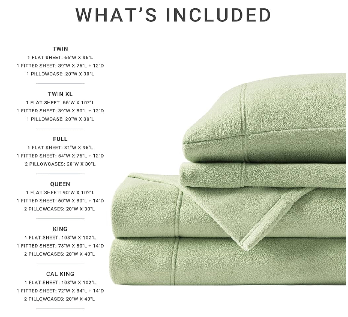True North by Sleep Philosophy Micro Fleece Bed Sheet Set, Warm, Sheets with 14" Deep Pocket, for Cold Season Cozy Sheet-Set, Matching Pillow Case, Queen, Green, 4 Piezas