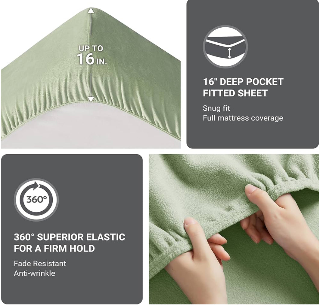 True North by Sleep Philosophy Micro Fleece Bed Sheet Set, Warm, Sheets with 14" Deep Pocket, for Cold Season Cozy Sheet-Set, Matching Pillow Case, Queen, Green, 4 Piezas