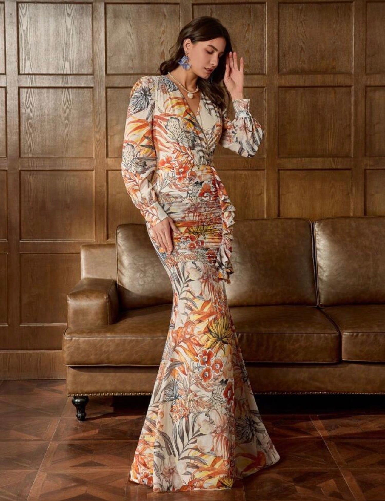 Vestido de noche floral multicolor de lujo