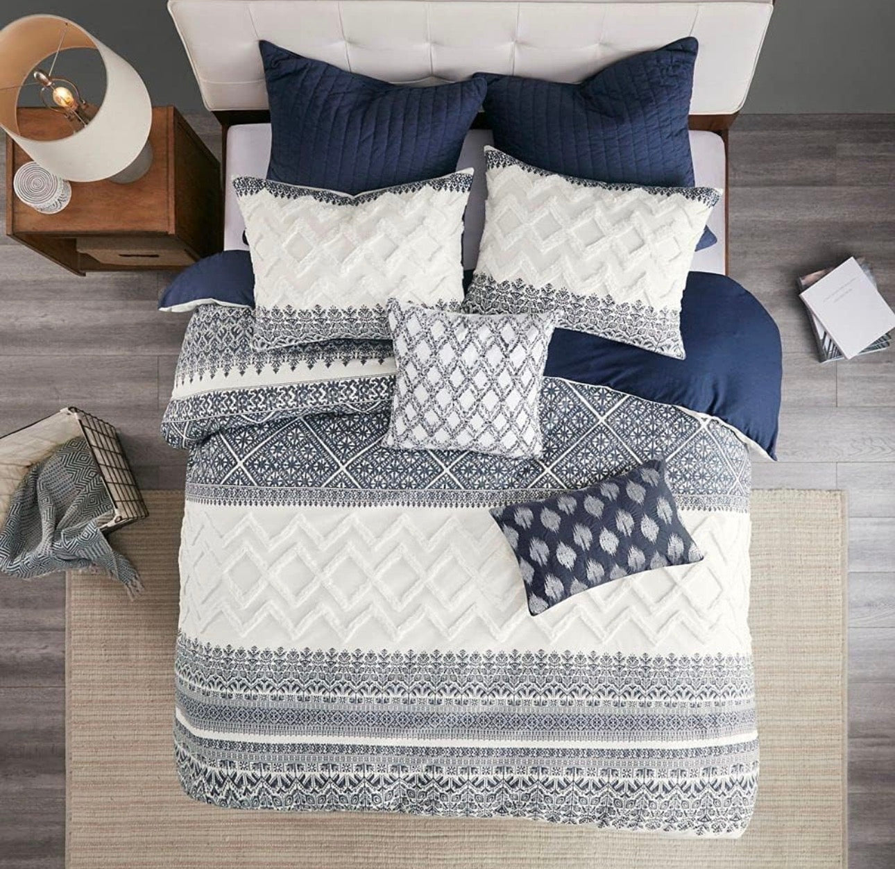 INK+IVY Queen Comforter Set, Chic Chevron Chenille Tufting Accent, Boho Comforters, All Season, Lightweight Cotton Comforter Bedding, 2 Shams - Azul