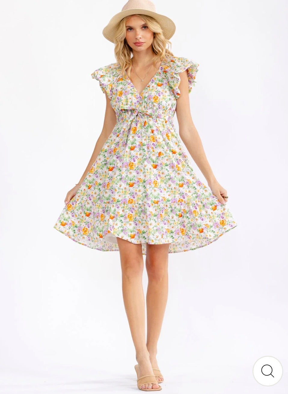 Vestido blanco corto floral cuello V