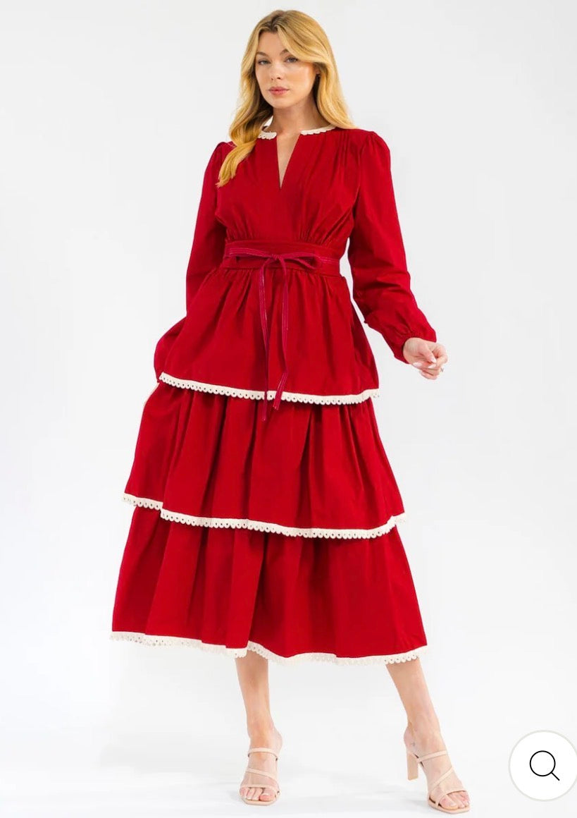 Vestido largo rojo para mujer de manga larga con escote en V, volantes y diseño en capas