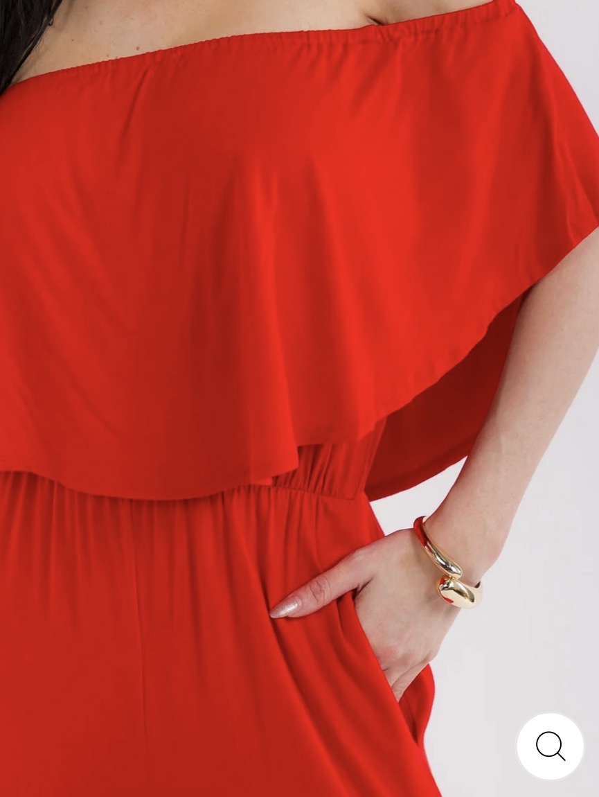 Jumpsuit rojo para mujer de manga corta con cintura elástica, bolsillos y pantalón de pierna ancha.