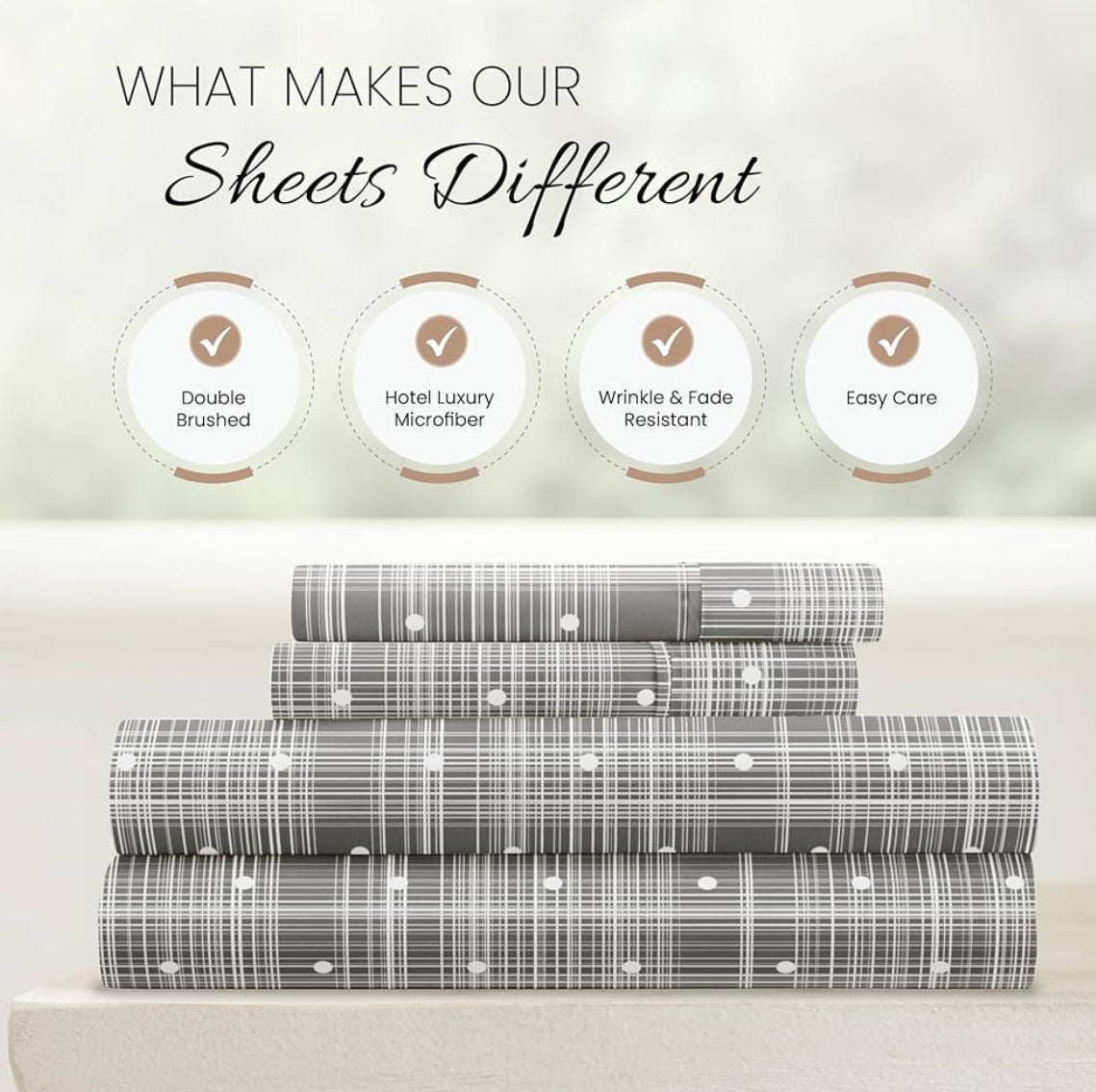Linen Market Double-Brushed Patterned Microfiber California King Sheet Set 4 Piece – Oeko-TEX Certified Ultra Soft & Wrinkle-Free - 16" Deep Pocket Sheets Easy Care Cal-King Size - Polka Dot Gray. 2 pillowcases and
1 fitted sheet