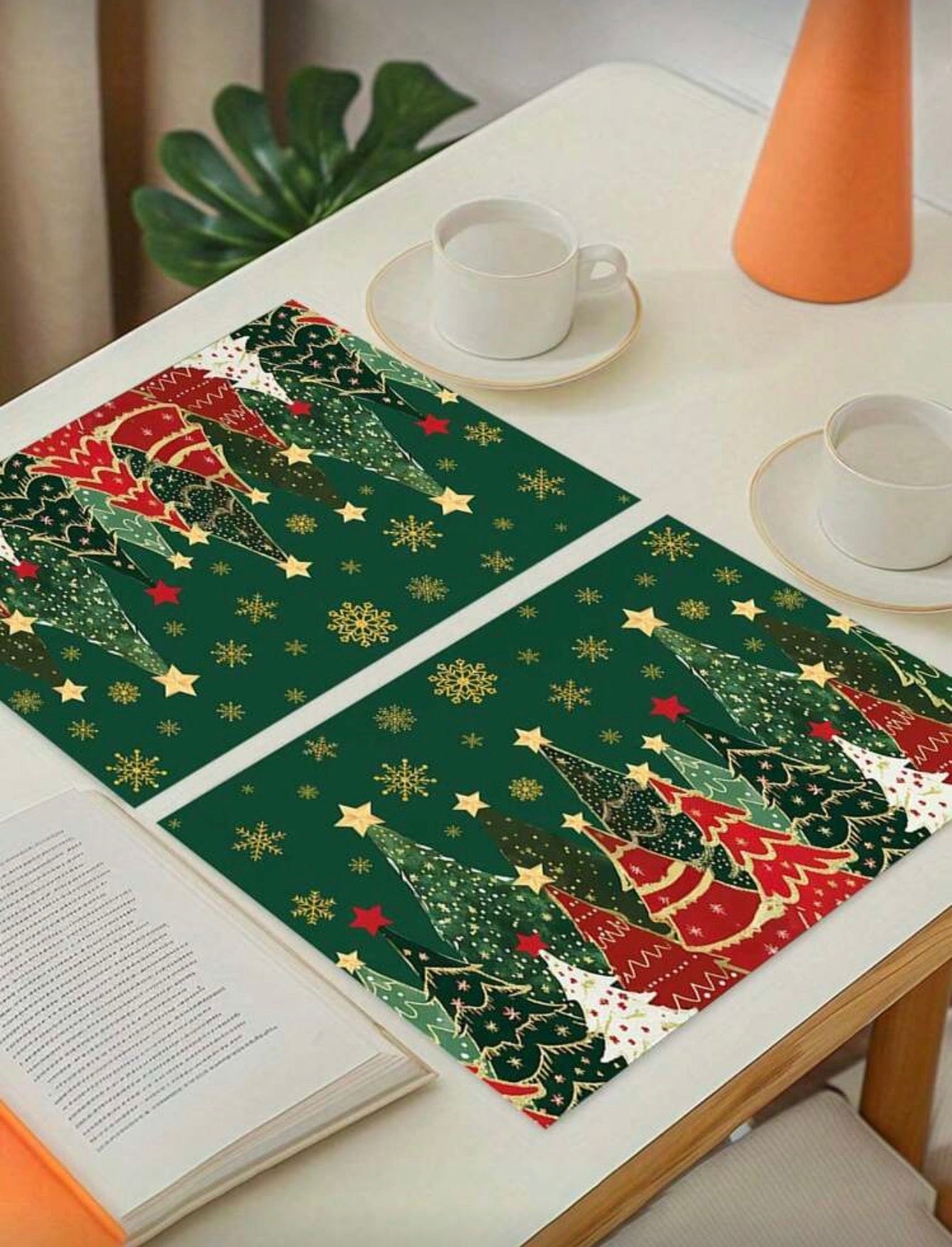 4 manteles de Navidad verde con dorado y rojo