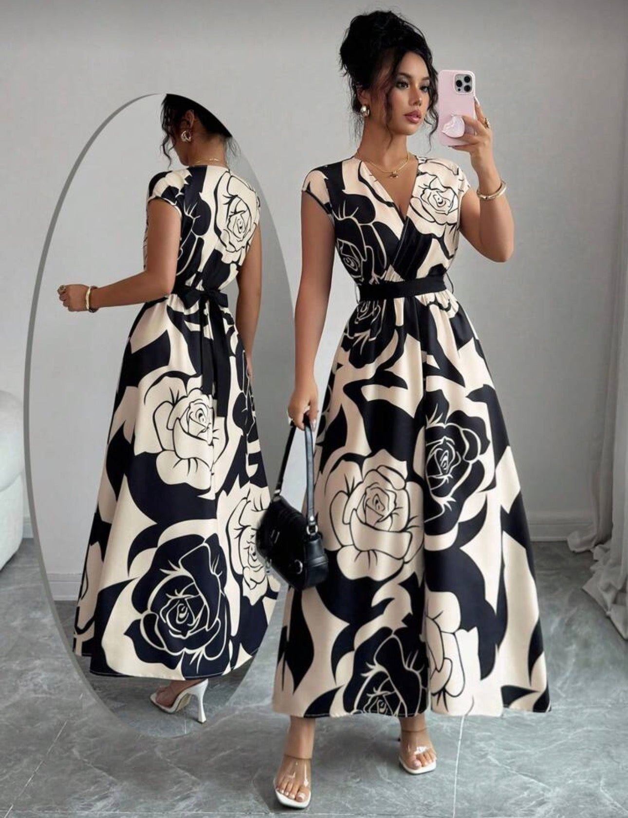 Vestido elegante beige con estampado floral negro