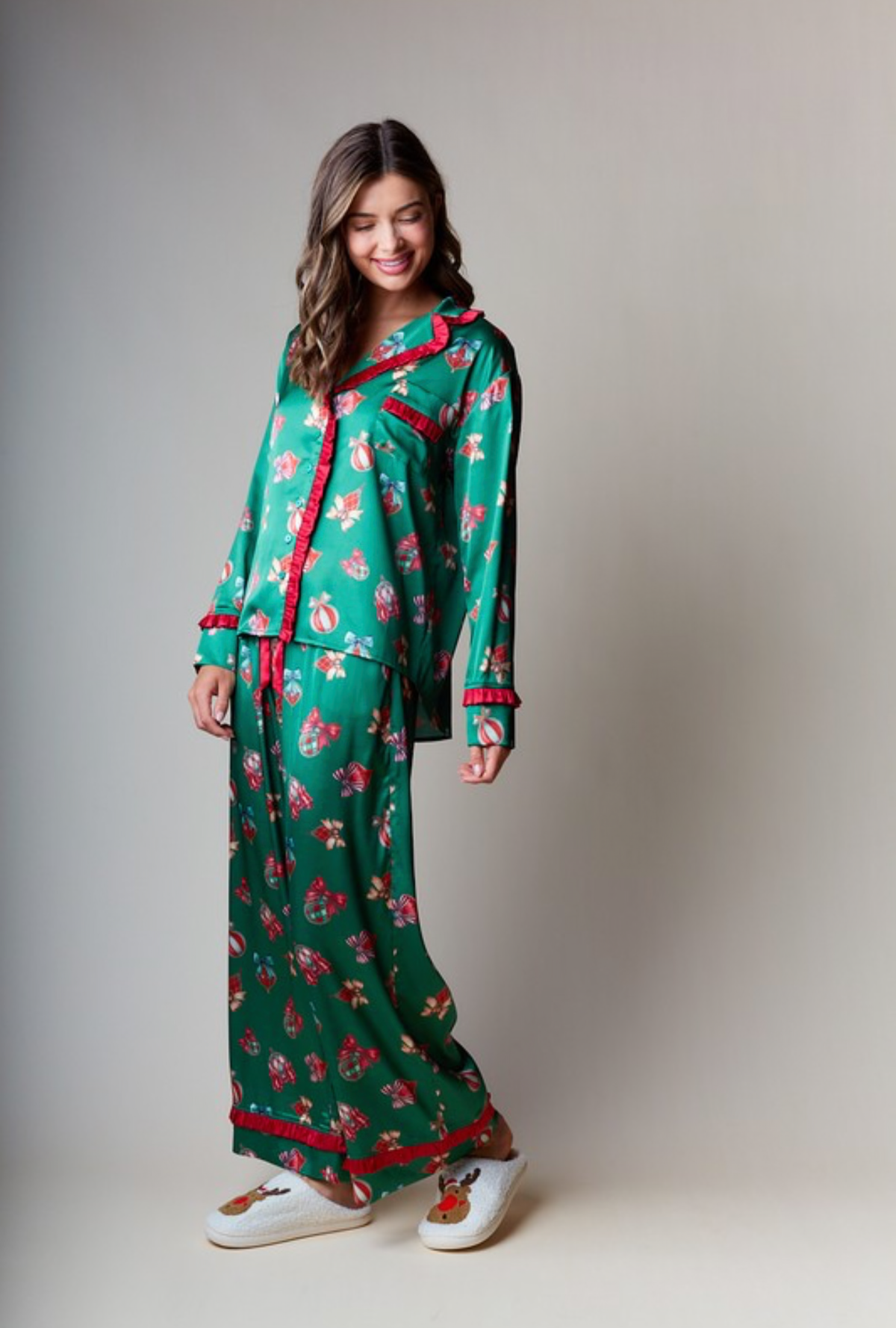 Set de pijama de satin Navidad verde y rojo