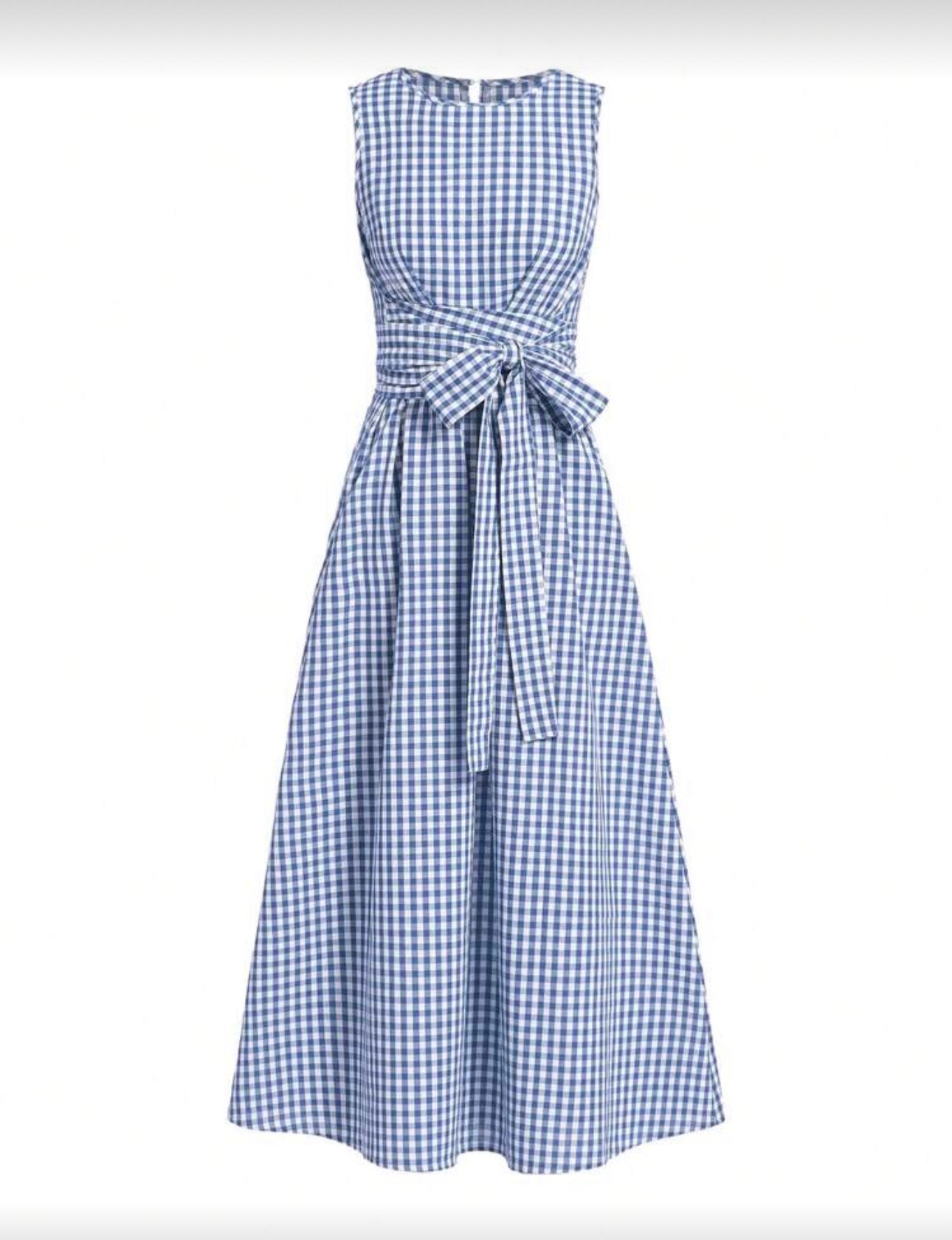 Vestido cuadriculado azul con blanco con cinturón
