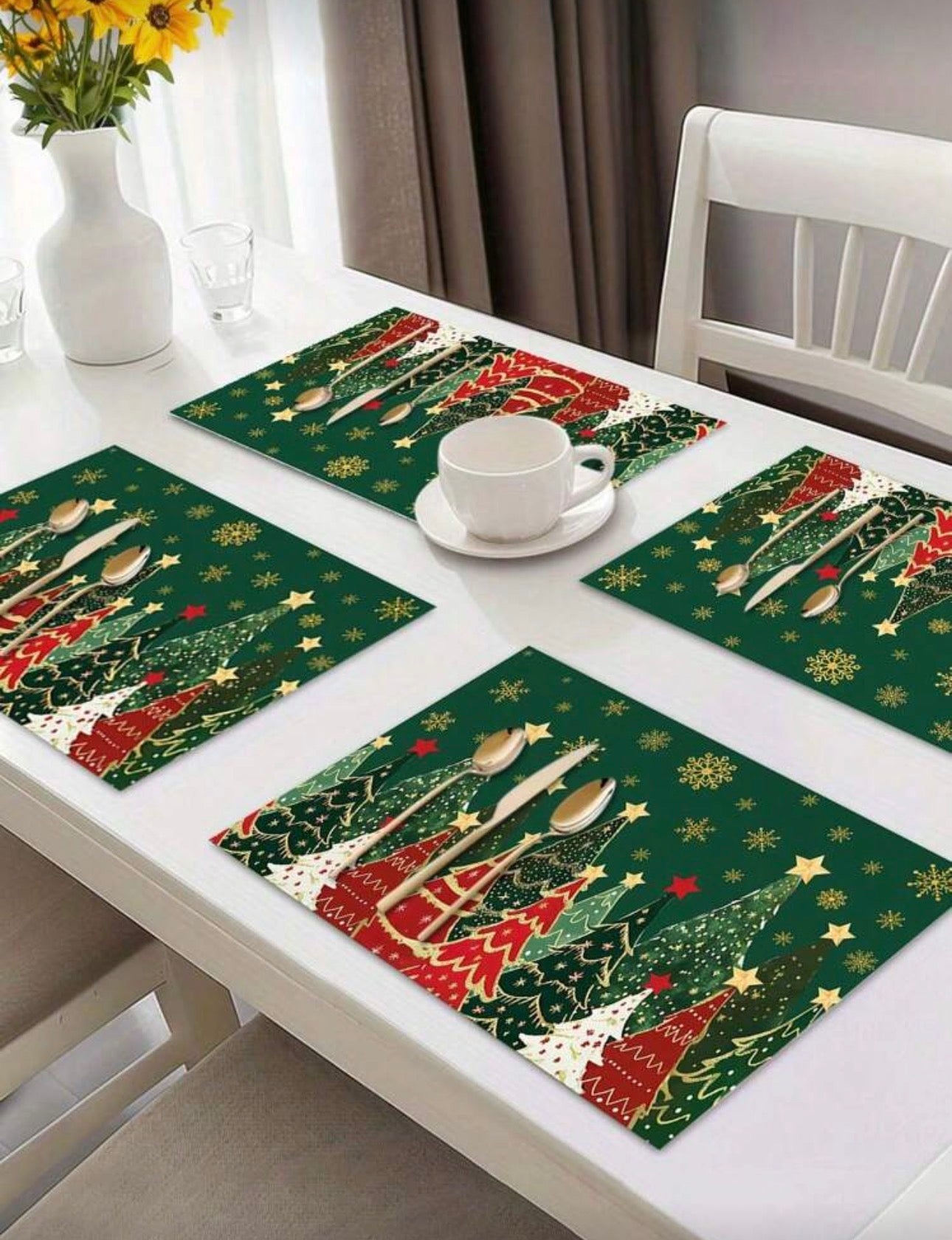 4 manteles de Navidad verde con dorado y rojo