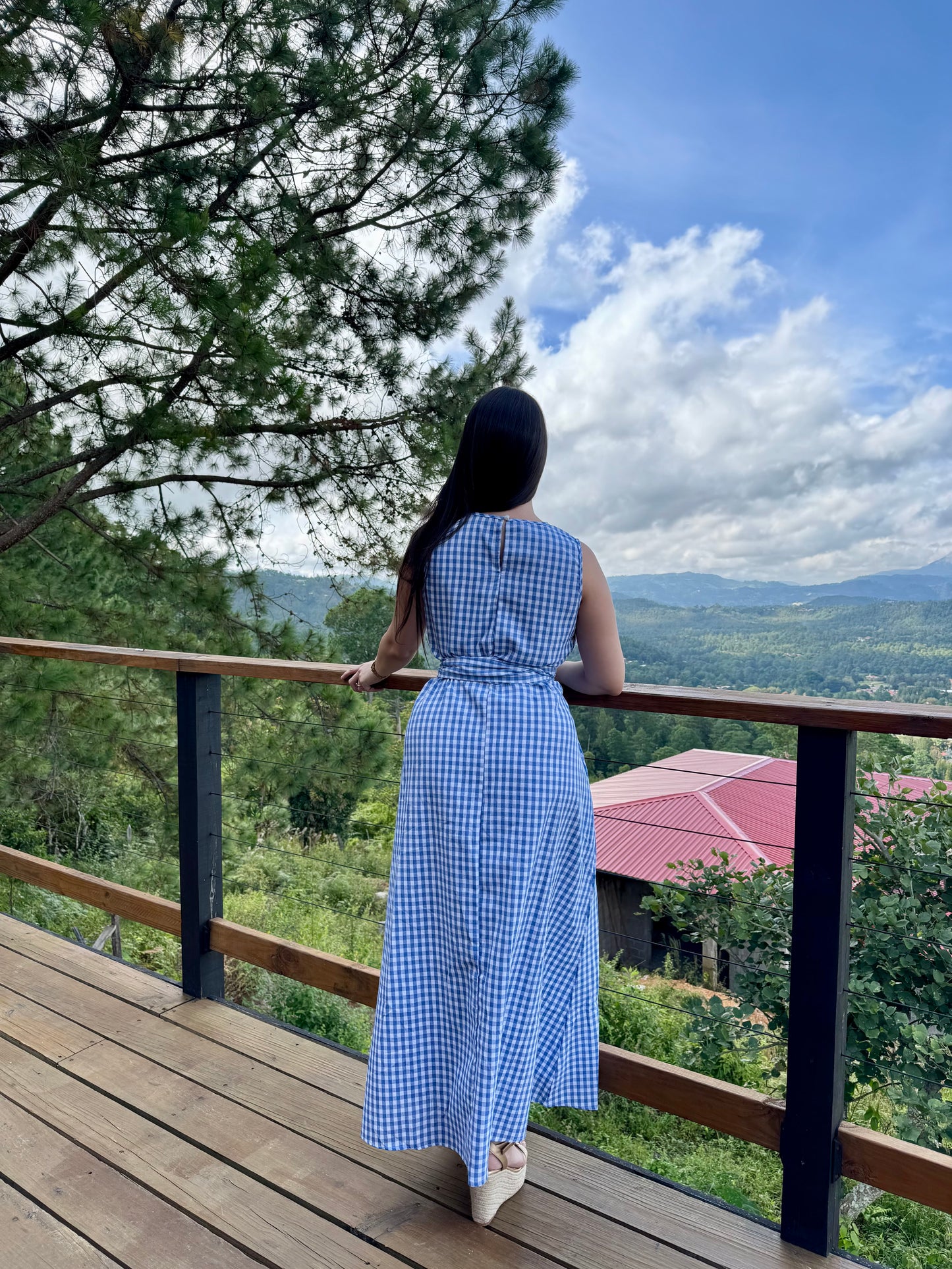 Vestido cuadriculado azul con blanco con cinturón