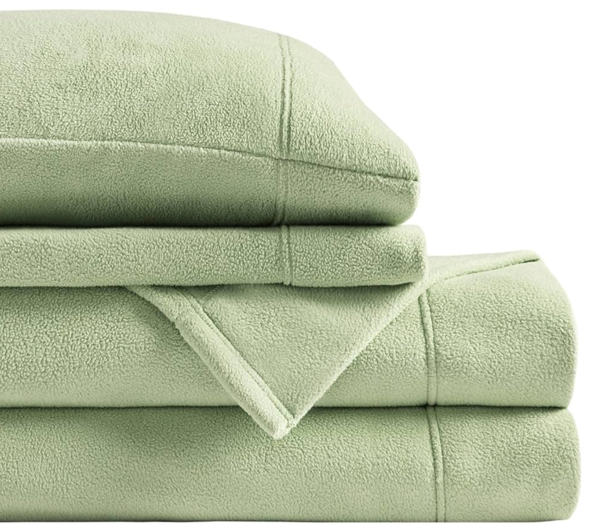 True North by Sleep Philosophy Micro Fleece Bed Sheet Set, Warm, Sheets with 14" Deep Pocket, for Cold Season Cozy Sheet-Set, Matching Pillow Case, Queen, Green, 4 Piezas
