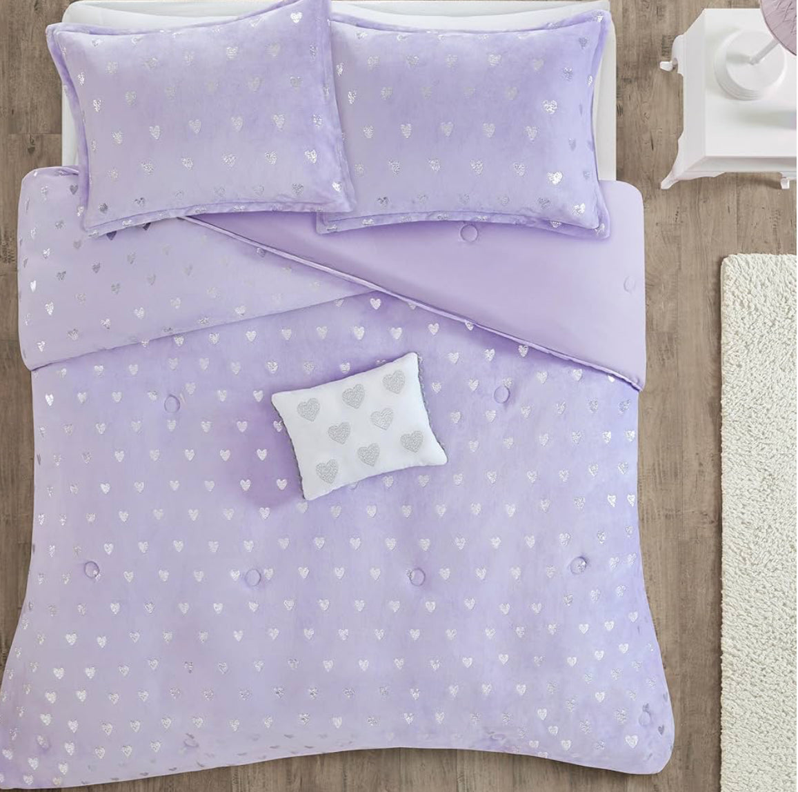 Mi Zone Rosalie Comforter, Ultra-Soft Microlight Plush Metallic Printed Hearts. Reverse Overfilled Down Alternative Hypoallergenic Full/Queen, Purple/Silver, 4 pieces - 1 comforter, 2 shams and 1 dec pillow