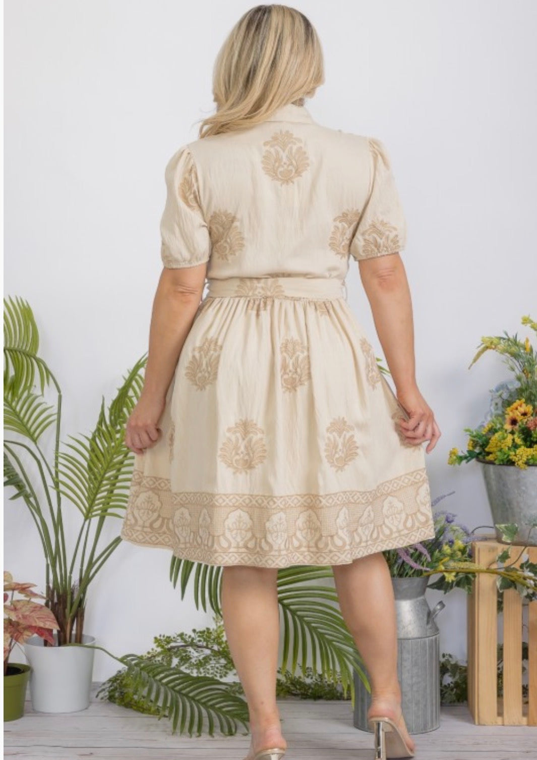Vestido Plus size beige embroidery short dress