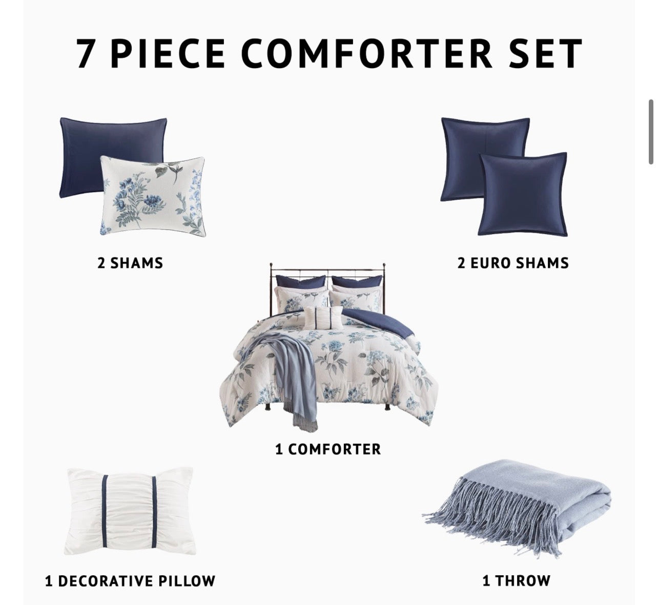 Madison Park Zennia Farmhouse Comforter Set with Throw-Blanket, Floral Print on Seersucker Textures, All Season Bedding, Matching Shams, Toss Pillows, King/Cal King(104"x92"), Blue 7 Piece. Juego de cama de 7 piezas tamaño King.