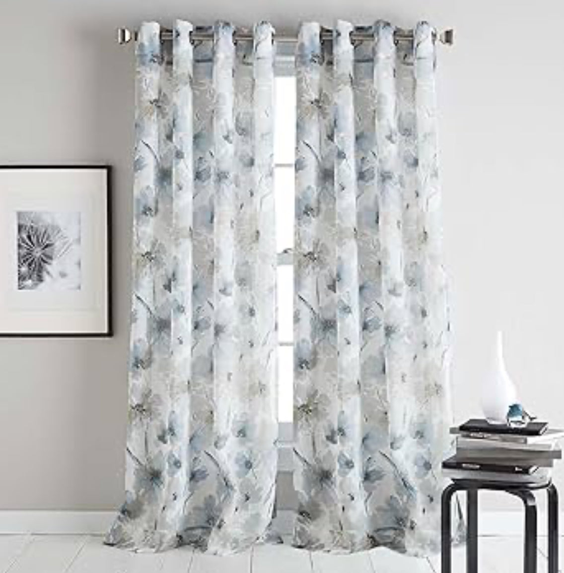 DKNY Modern Bloom Watercolor Floral Sheer Grommet Window Curtain Single Panel, 84", Linen