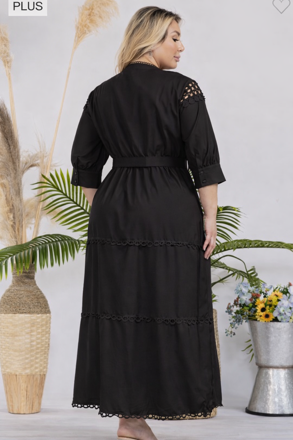Vestido plus size negro maxi tejido tipo crochet liso
