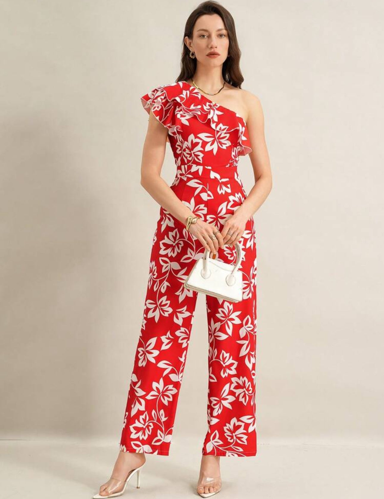 Jumpsuit rojo estampado floral beige