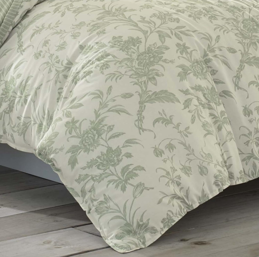 Laura Ashley Home Natalie Sage Cotton Duvet Cover Set 3 Piezas, Verde, King