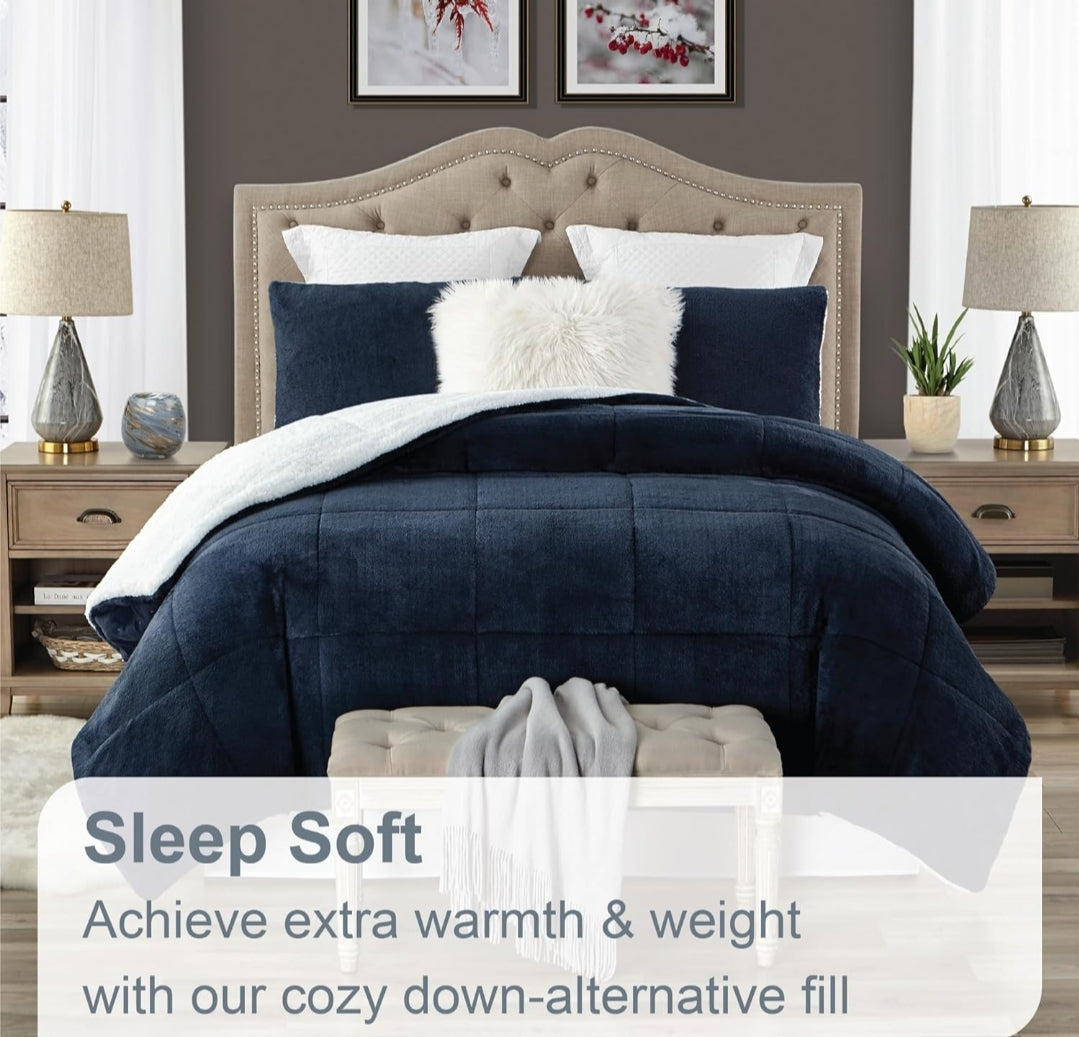Swift Home Premium Ultra-Soft Faux Fur Sherpa Reversible Comforter and Sham Set - 3 Piezas, Azul, Queen