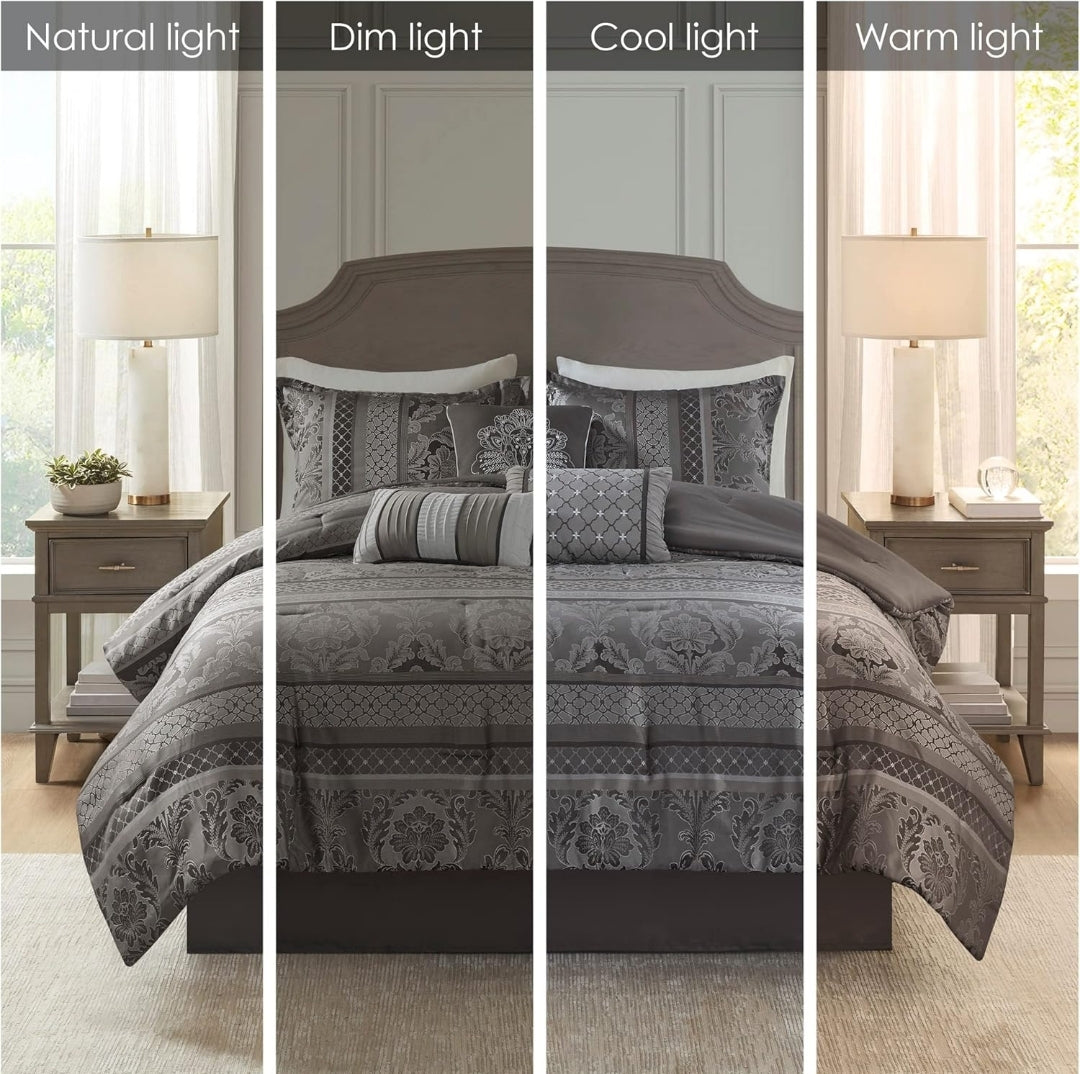 Madison Park Bellagio 7 Piece Comforter Set Damask Design Down Alternative Queen 90"x90" Gris