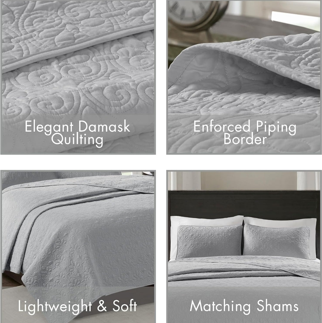 Madison Park Quebec Quilt Set - Luxurious Damask Stitching Design, Cotton Filled Lightweight Coverlet Bedspread Bedding, Shams, 3 Piezas, Gris, Full/Queen