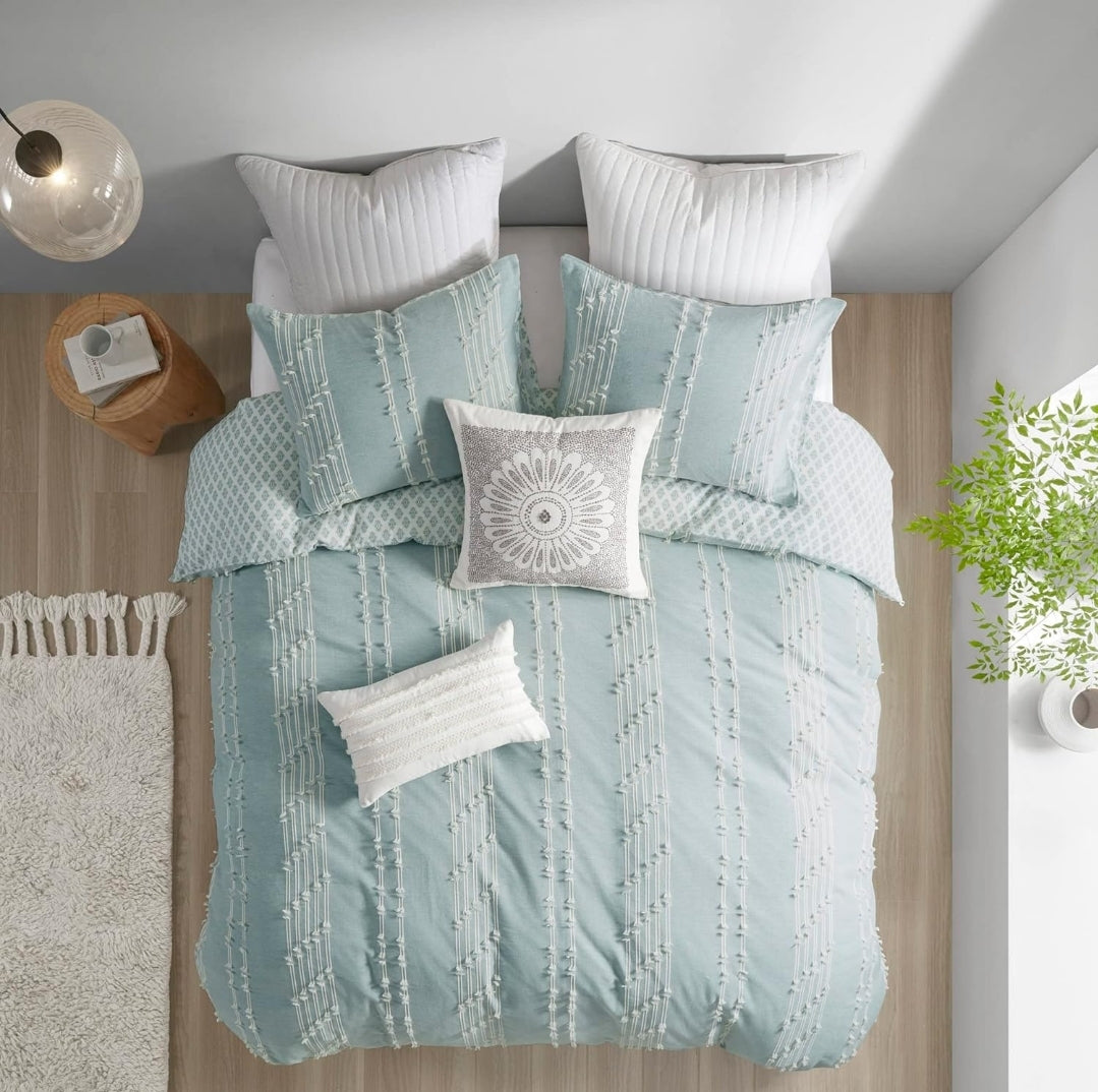 INK+IVY Kara 100% Cotton Duvet Full/Queen Jacquard Stripes Aqua, 3 Piezas, Queen