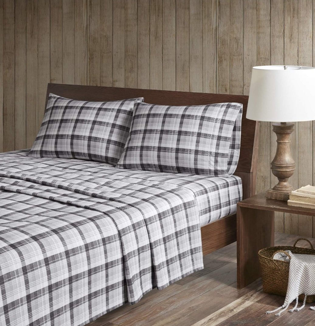 Woolrich Cotton Sheet Set Cottage Charms Print 100% Cotton Flannel Sheets Queen Size Grey Plaid 4 Piezas, Gris Queen