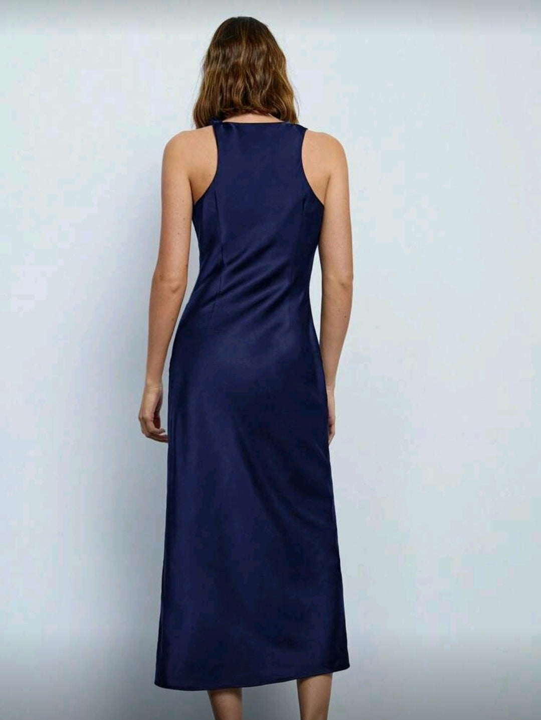 Vestido Azul Elegante Largo con Cuello Fruncido