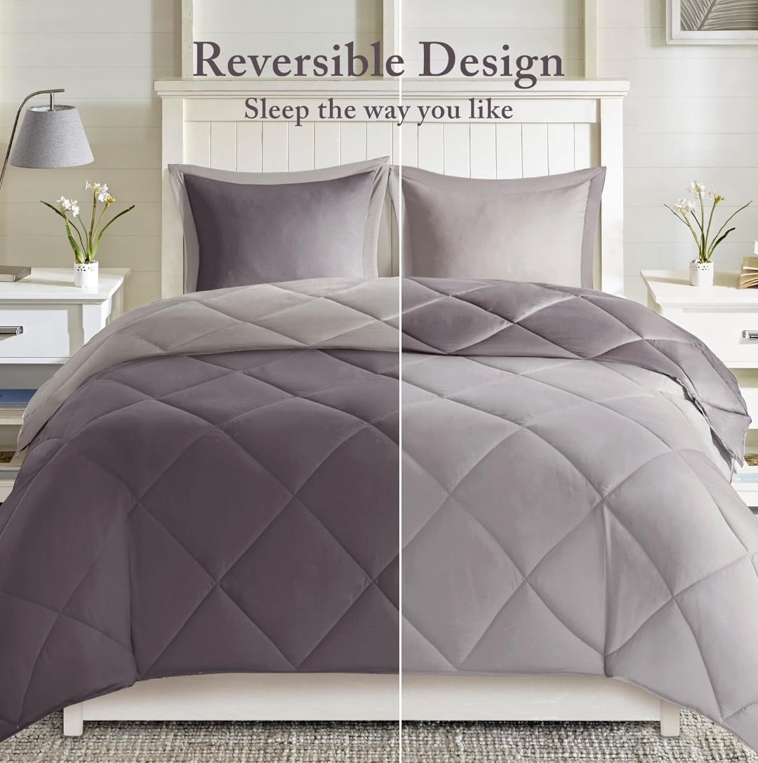Madison Park Essentials Larkspur Comforter Set, 3 Piezas, Gris, Full/Queen