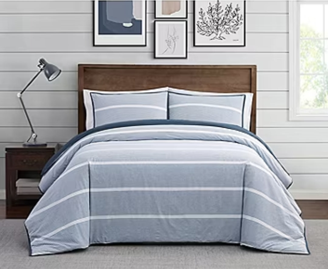 Brooklyn Loom - Niari Yarn Dye Duvet Cover Set, Azul/Blanco,3 Piezas, Queen