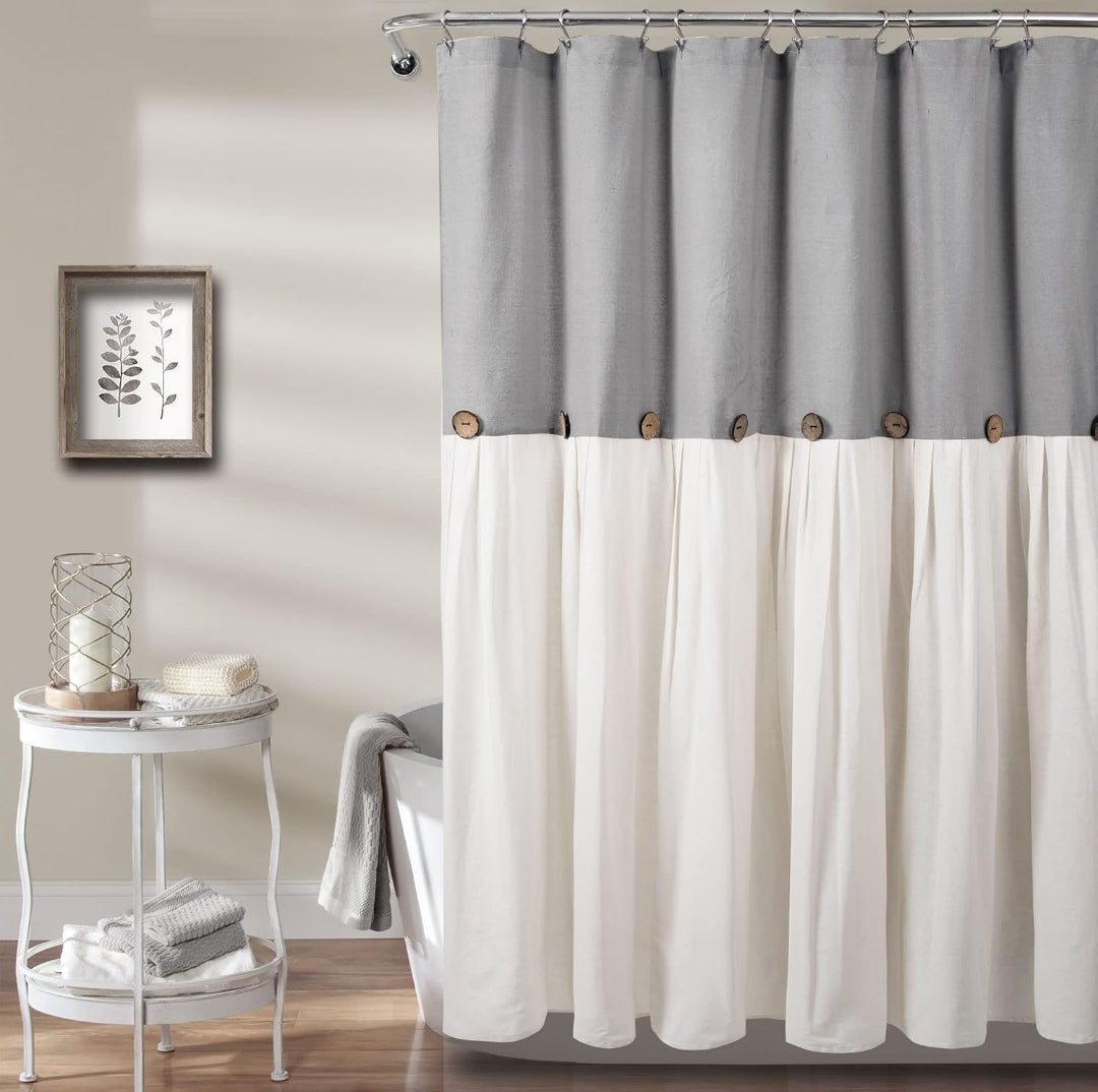 Lush Decor Linen Button Shower Curtain, 72" W x 72" L, Gray & Off White - Gray Shower Curtain Fabric - 1 cortina de baño, Blanco/Gris