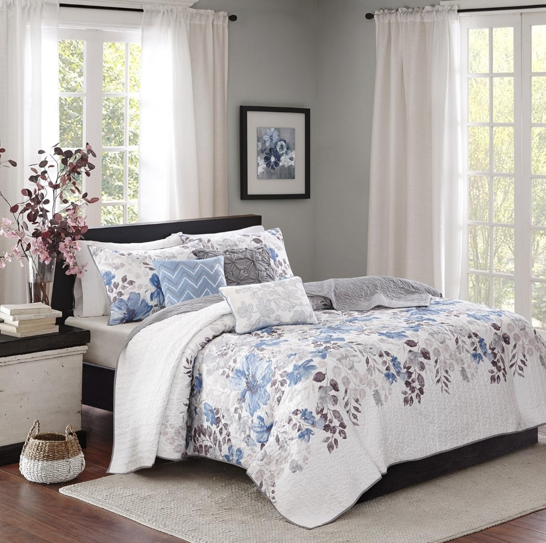 Madison Park Luna Quilt 90"x90" Floral 6 Piezas, Azul, Queen