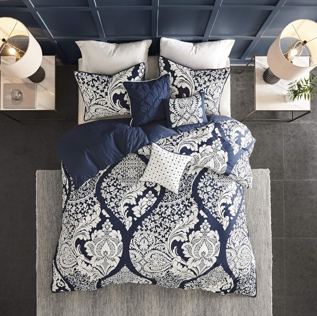 Madison Park Vienna Cotton Poly Blend Duvet Cover Set - 6 piezas, King, Azul