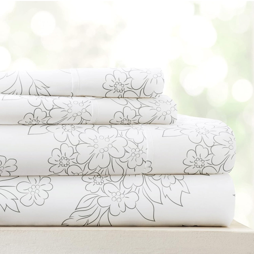 Ienjoy Linen Market Bedding Sheet Set, 4 Piezas, Blanco con Lineas Grises, Queen