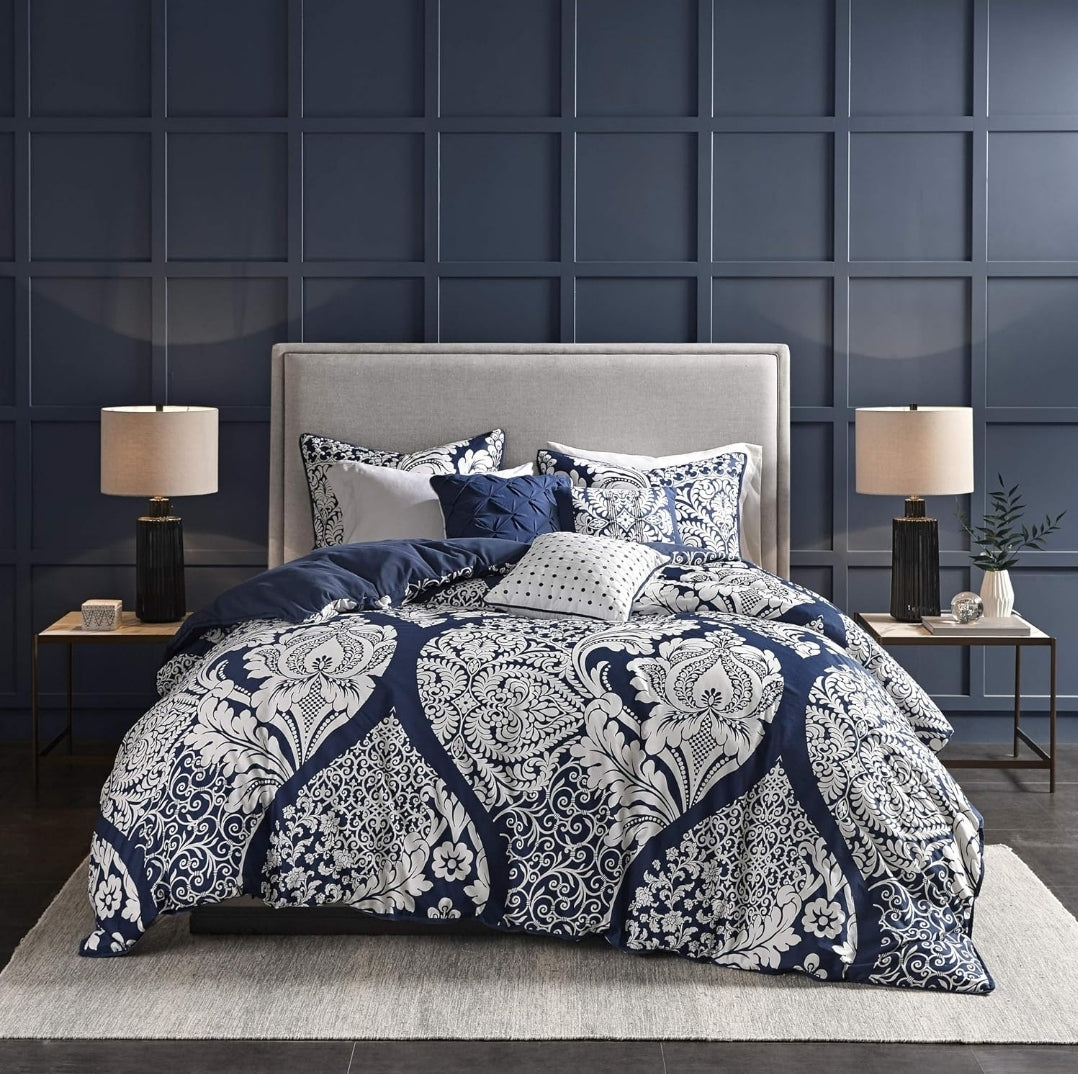 Madison Park Vienna Cotton Poly Blend Duvet Cover Set - 6 piezas, King, Azul