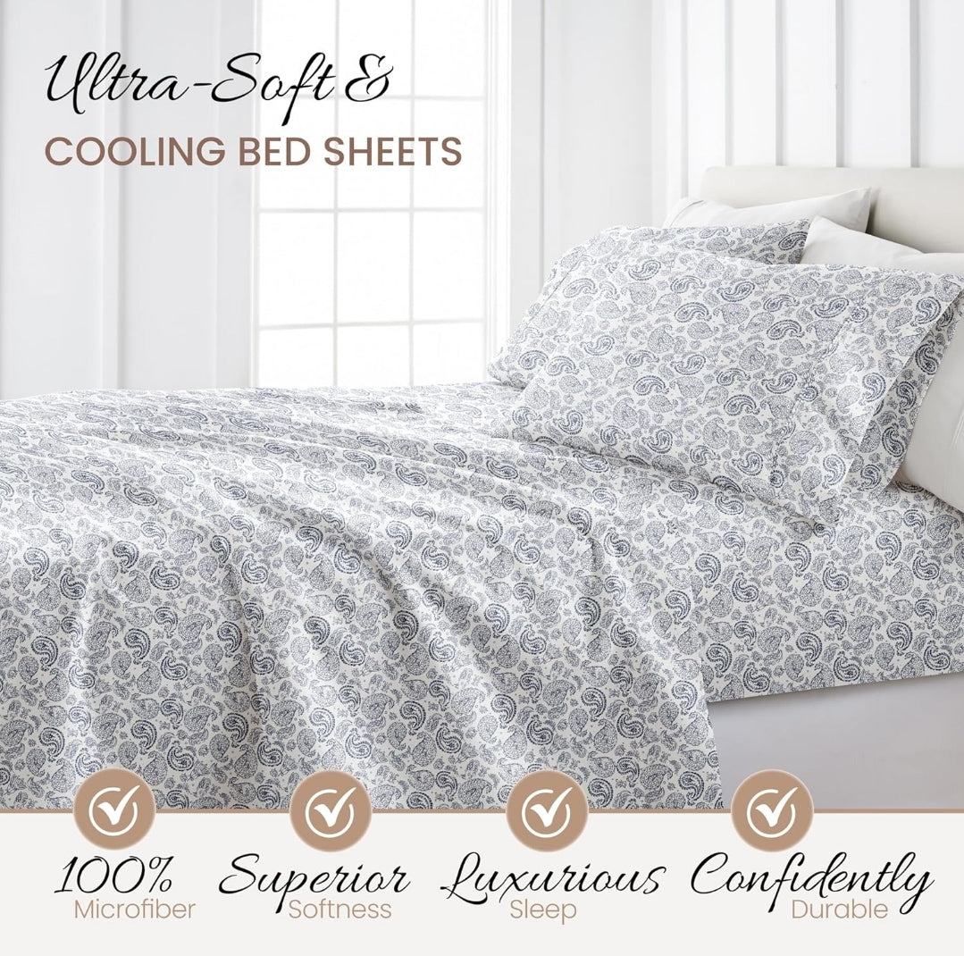 Linen Market 4 Piece King Sheet Set - Breathable, Double-Brushed Patterned Cooling Sheets – Coarse Paisley Navy, Juego de 4 Piezas, Blanco con Diseño Azul, King