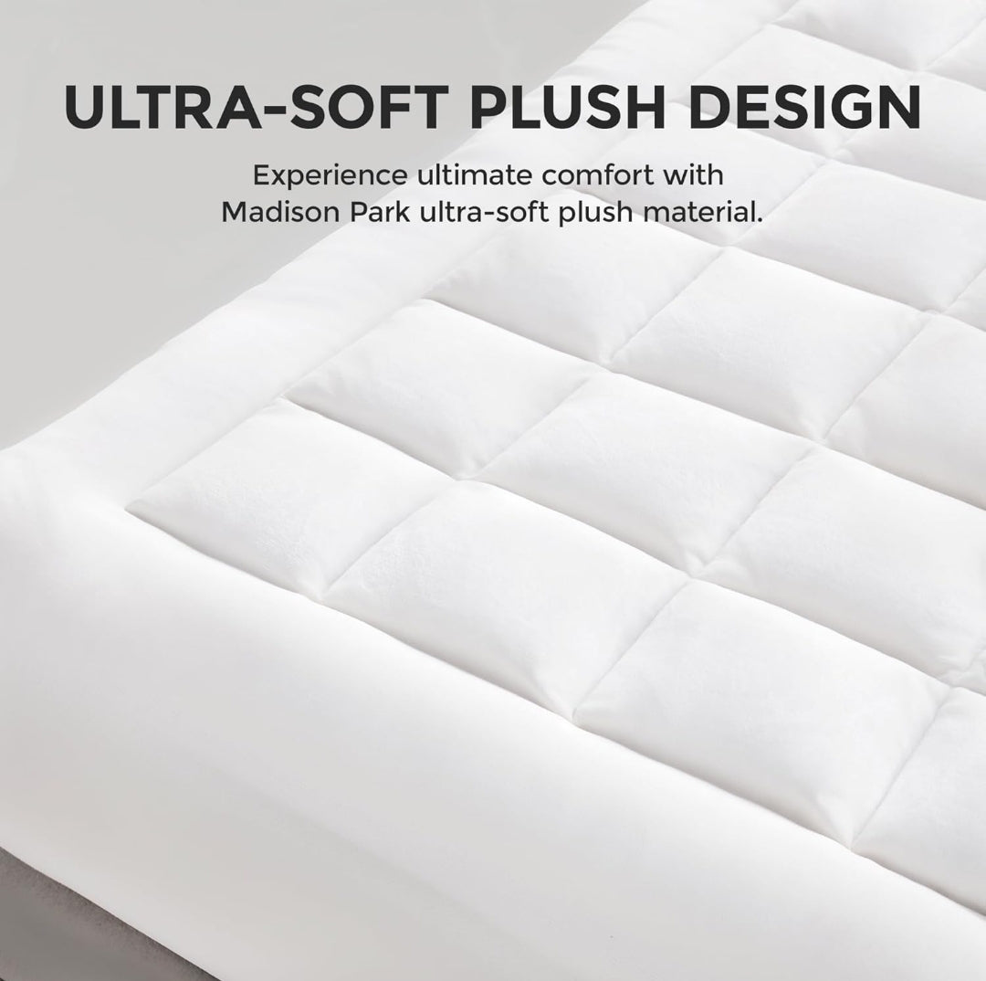Madison Park Waterproof Mattress Protector, Cloud Soft Plush Mattress Cover, Overfilled Mattress Pad, Fitted Pocket Fits Up to 18 Inch, Machine Washable Bed Cover, Protector de Colchón Blanco, Twin