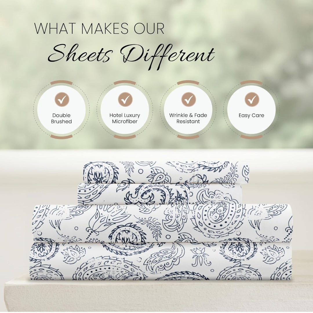 Linen Market 4 Piece King Sheet Set - Breathable, Double-Brushed Patterned Cooling Sheets – Coarse Paisley Navy, Juego de 4 Piezas, Blanco con Diseño Azul, King