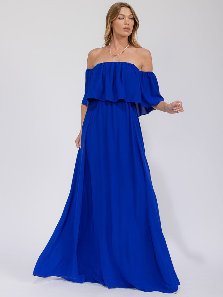 Vestido maxi azul elegante de manga corta y cintura elástica