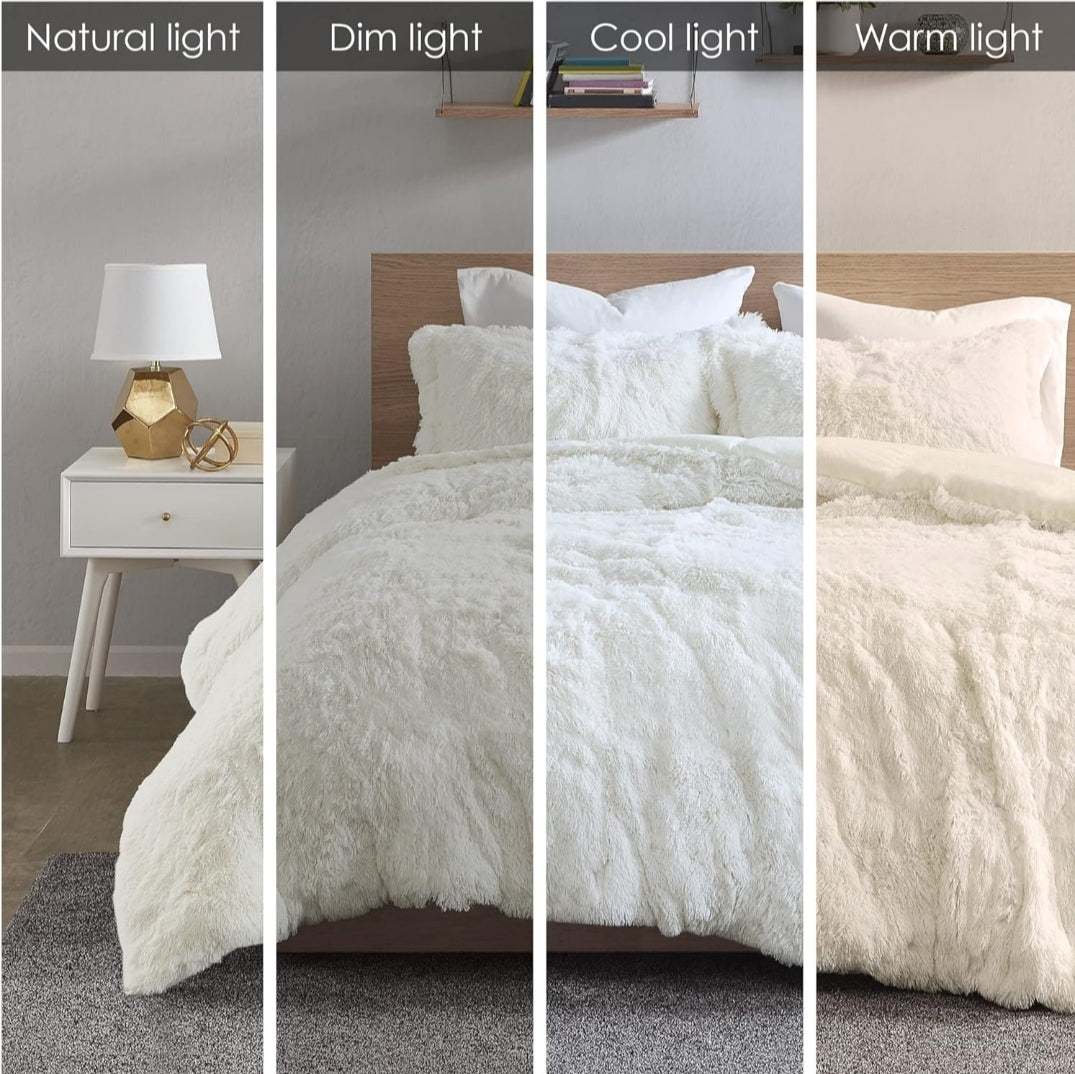 Intelligent Design Malea Shaggy Duvet with Quilted Box Design, Long Faux Fur Comforter Cover Cozy Bedding Set, Matching Shams 90"x90", Blanco, 3 Piezas, Queen