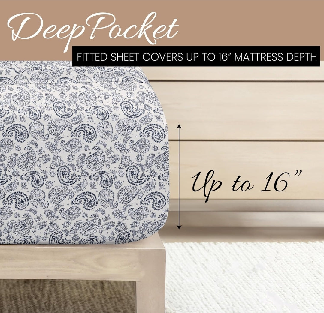 Linen Market 4 Piece King Sheet Set - Breathable, Double-Brushed Patterned Cooling Sheets – Coarse Paisley Navy, Juego de 4 Piezas, Blanco con Diseño Azul, King
