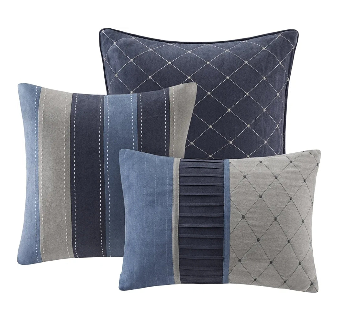 Madison Park Collins 7 Piece Comforter Set Suede Blue Grey King, Azul