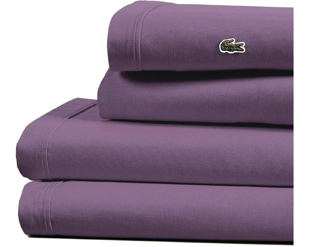 Lacoste 100% Cotton Percale Solid Sheet Set Plum, Morado, 4 Piezas, Queen