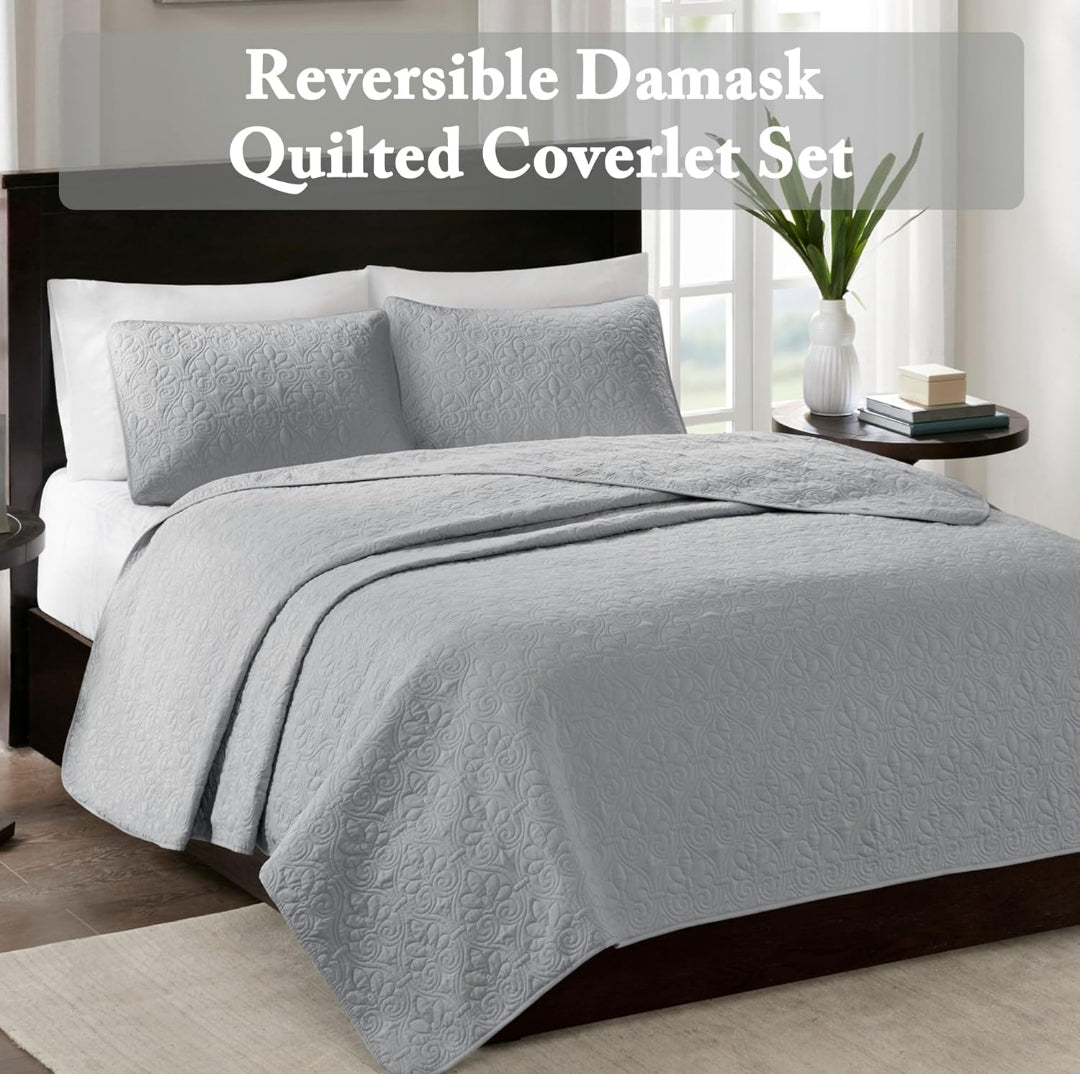 Madison Park Quebec Quilt Set - Luxurious Damask Stitching Design, Cotton Filled Lightweight Coverlet Bedspread Bedding, Shams, 3 Piezas, Gris, Full/Queen