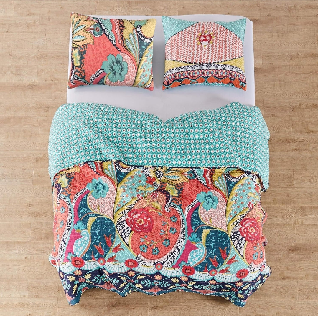 Levtex Home - Jules Quilt Set - Quilt (68x86in.) + One Standard Pillow Sham (26x20in.) - Bohemian - Teal, Orange, Yellow, Green, Blue, Red, Navy - Reversible - Cotton Fabric, 2 Piezas, Twin