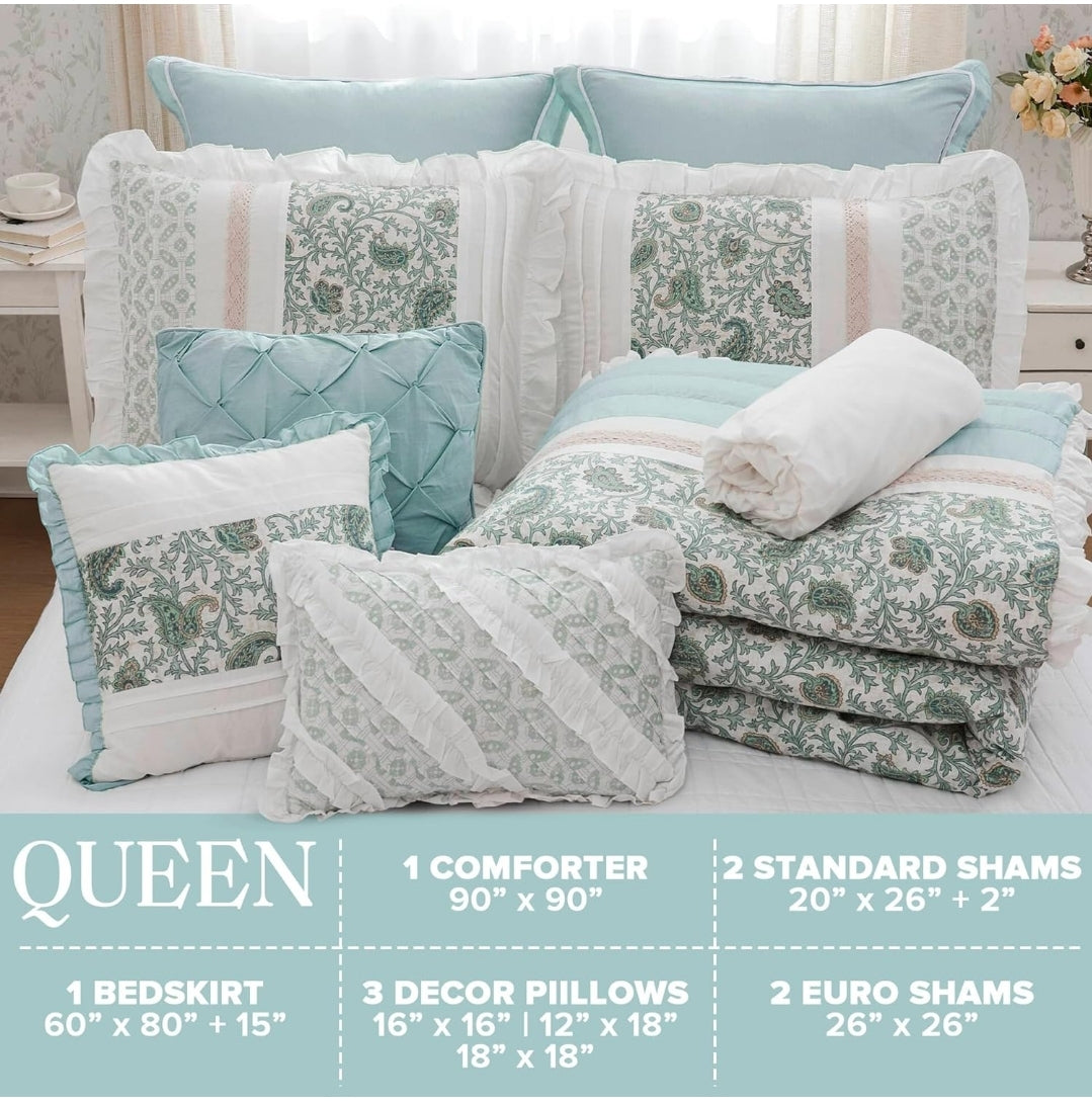 Madison Park Dawn 100% Cotton Comforter Set Queen 90"x90" Shabby Chic, Aqua, 9 Piezas, Queen