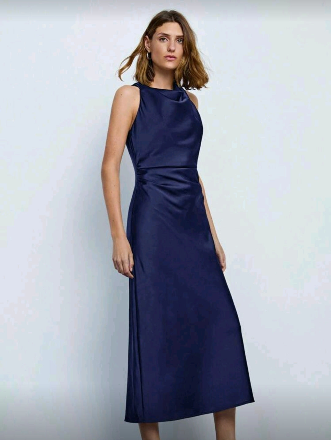 Vestido Azul Elegante Largo con Cuello Fruncido